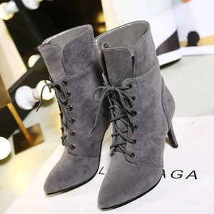 Gothic Women's Suede Ankle Boots Stilettos Heel Shoes Pointy Toe Lace Up shoes - Picture 1 of 15