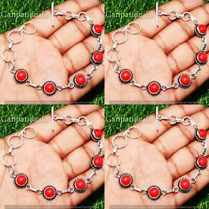BULK LOT ! Red Coral 10 Stone Bracelets 10pc Wholesale Lot 925 Silver Plated  - Picture 1 of 3
