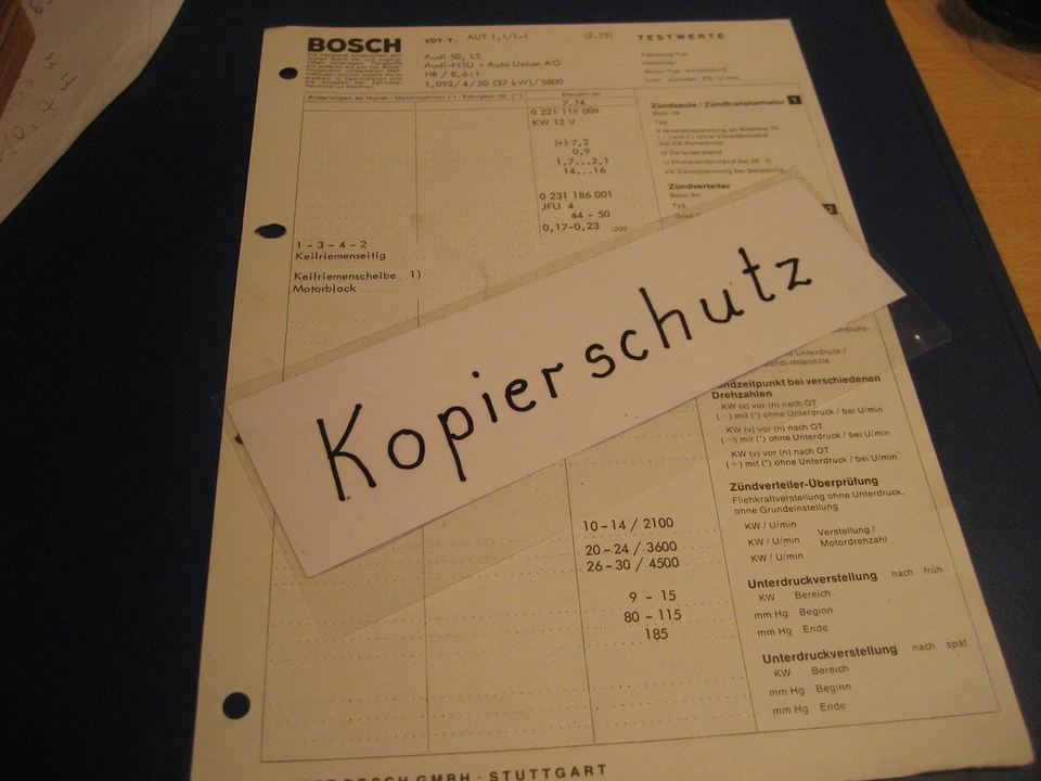 Audi 50 GL ab Bj. 07. 1974  orig. Bosch Testwerte-Blatt - Bild 1 von 1