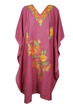 Women's Pink Floral Caftan Dress Hand Embroidered Resort Wear Kaftan Dresses 2XL