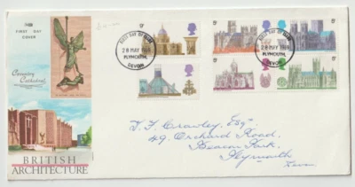 28/5/1969 UK GB FDC - British Cathedrals - Coventry Cathedral - Plymouth FDI P/M - Image 1 of 2