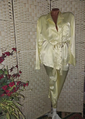 DE COLECCIÓN SATINADO AMARILLO BRILLANTE DELICADO SALÓN PANTALONES BLUSA BOTÓN PJS CONJUNTO LENCERÍA 46" Foto 1 de 4