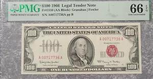 1966 $100 Fr#1550 AA Block Legal Tender Note PMG 66EPQ GEM UNCIRCULATED - Picture 1 of 2