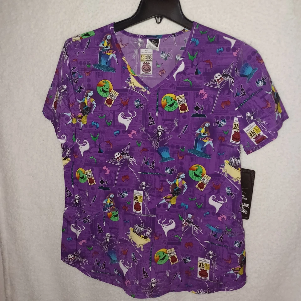 Disney The Nightmare Before Christmas Skellington Women's V-Neck Scrub Top - M