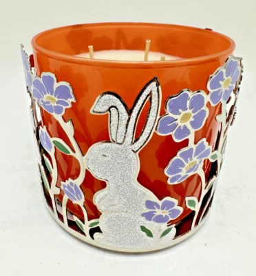 BATH & BODY WORKS GLITTER EASTER BUNNY & FLOWERS 3 WICK CANDLE HOLDER NEW - Image 1 of 4