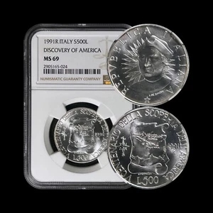 ITALY. 1991, 500 Lire, Silver - NGC MS69 - Top Pop 🥇 Columbus, Discover America - Picture 1 of 5