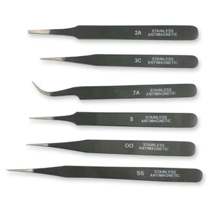 Quality set 6 tweezers black epoxy coated watchmakers jewellers 00 3C 2A 5 7 SS - Picture 1 of 1