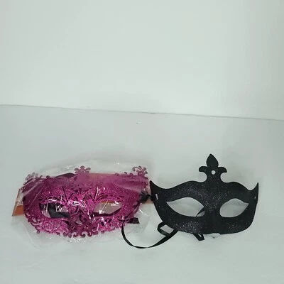 Black Pink Lot Of 2 Glitter Masquerade Mask Party Prom Mardi Gras Halloween - Image 1 of 4