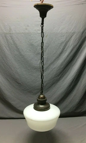 Antique 14" Schoolhouse Bank Ceiling Light Milk Glass Globe VTG Metal 53-22B Cover