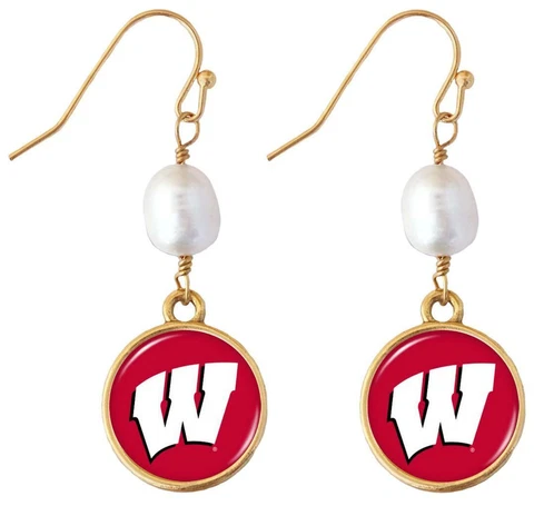 Wisconsin Badgers Diana Gold and Pearl Dangle Earrings Jewelry Gift Red White UW Cover