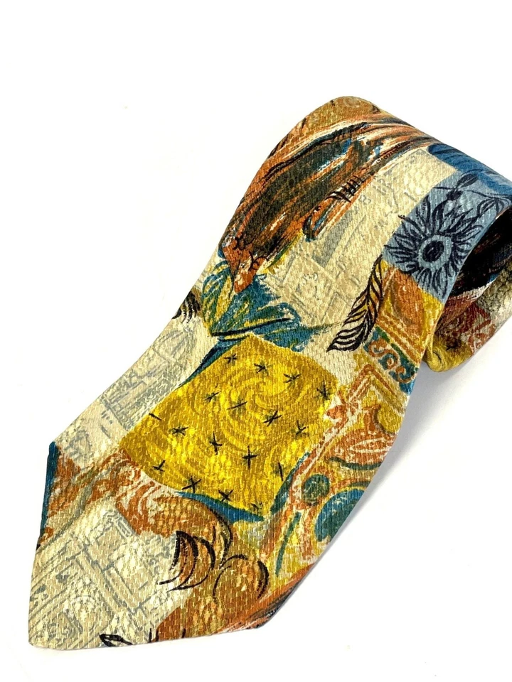 Corbata De Colección Ermenegildo Zegna Italia Hombres Art Deco Abstracta Seda Corbata Dorado Azul Foto 1 de 3