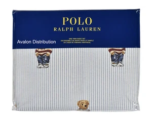 Polo Ralph Lauren Striped Cotton Teddy Preppy Bear 3 PC Twin Sheet Set New - Picture 1 of 3