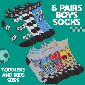 6 Pairs Boys Cotton Socks Novelty Trainer Liner Low Cut Socks Football Race Car - Picture 1 of 3
