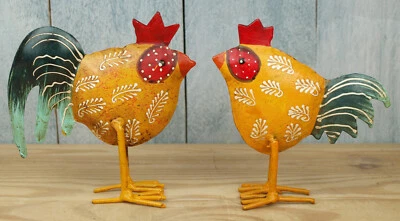 Hahn & Henne Hühner Huhn Deko Figur Metall Garten Skulptur 11 cm Landhaus Orange - Bild 1 von 3