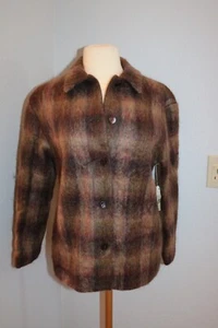 Plaid Mohair Button Jacket, Women's Winter Coat Sz6 Wool Casual Long Sleeve, NWT - Picture 1 of 17