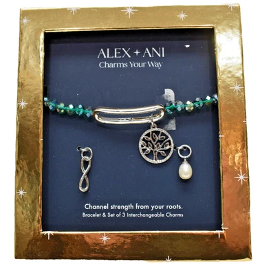Pulsera Alex + Ani Family con cuentas y conjunto de 3 dijes tono plateado ¡Nuevo en caja! Foto 1 de 2