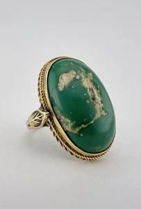 Antique Victorian 14k Yellow Gold Cabochon Green Cerrillos Turquoise Band Ring - Picture 1 of 7