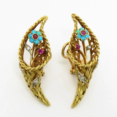 Pendientes NYJEWEL Alto Quilate Oro Rubí Diamante Turquesa Floral Clip On Foto 1 de 4