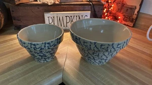 Set of 2 Robinson Ransbottom Roseville Blue Spongeware 8" 10" Mixing Bowls Vg - Picture 1 of 3