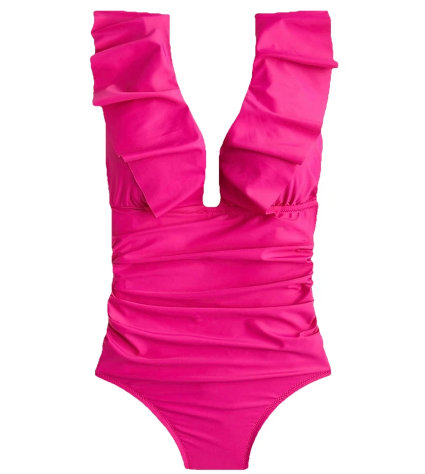 J. Crew Ruched Ruffle One Piece Swim Suit 6 Fuschia Pink Beach BP222 J.Crew
