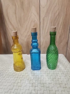 Lot 3 Miniature Glass Bottles  Yellow Blue Green - Vintage 4 1/2” - 5”   W/Corks - Picture 1 of 3