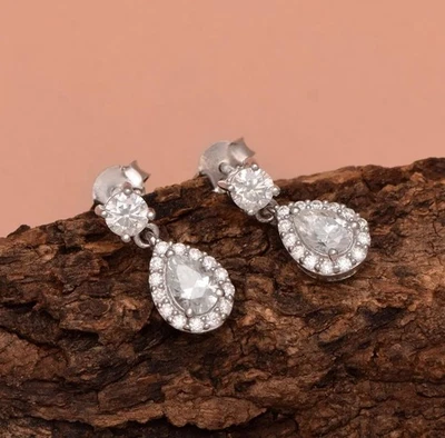 NEW 2.20 CT Pear Cut Moissanite Halo Dangle Women's Earrings 14K White SILVER - Image 1 of 4