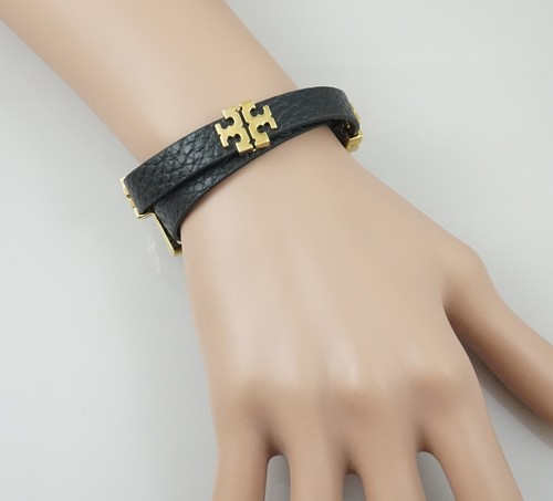 Tory Burch T Logo Leather Bracelet~Black~