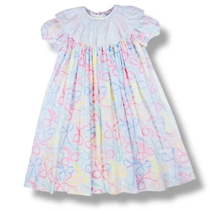 Vintage Girls Pastel Bow Ribbon Print Doily Lace Collar Puff Sleeve Dress 6 - 7 - Picture 1 of 10