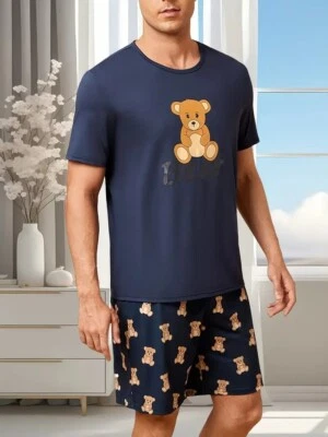 New Men's Bear Pajama Set - Size XL to XXL - Short Sleeve & Shorts Comfy Soft - Image 1 of 4