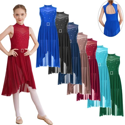 Girls Leotard Shiny Lyrical Modern Dance Dress Rhinestone Kids Ballet Costumes - Image 1 of 4