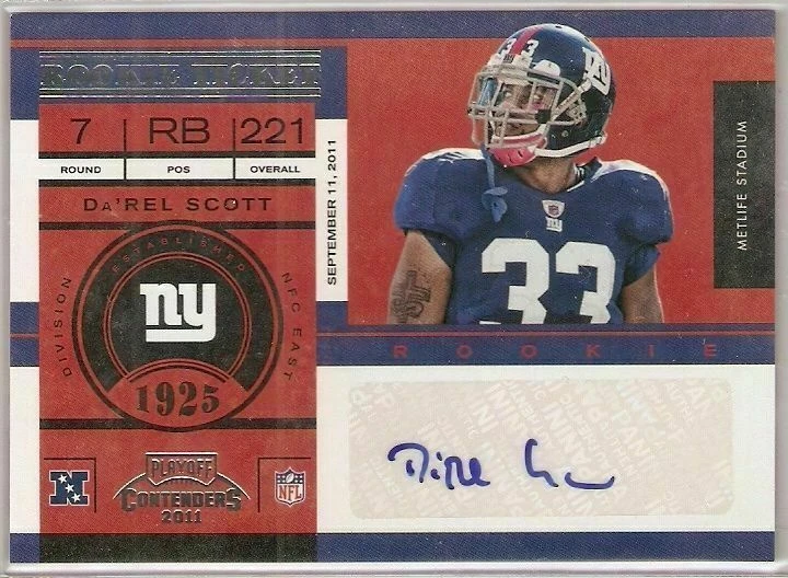 DA'REL SCOTT ROOKIE AUTOGRAPH 2011 PLAYOFF CONTENDERS 124 NEW YORK GIANTS - Image 1 of 1