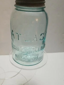 Vintage Atlas Strong Shoulder Mason Jar Atlas zinc lid quart size hand blown - Picture 1 of 9