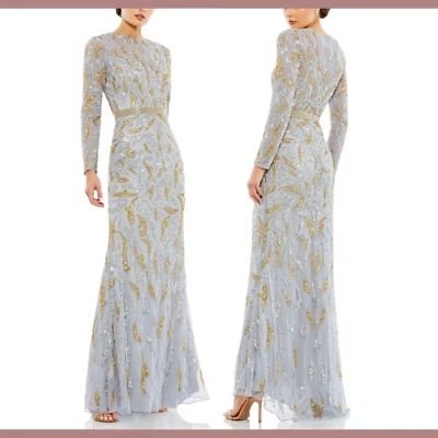 Novo com etiquetas Mac Duggal [ 12 ] 5124 vestido de noite frisado manga longa platina ouro #J306 - Imagem 1 de 4