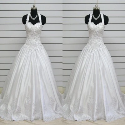 Luxury Wedding Dresses Beading Satin Sleeveless A Line Sweep Train Bridal Gowns - Image 1 of 4