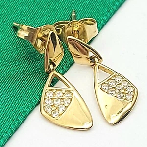 Ladies Yellow Gold 9ct (375 ,9k) Triangular Drop Dangle Diamantes Stud Earrings - Picture 1 of 9
