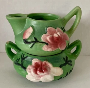 Roseville Art Pottery Magnolia 04 crema e zuccheriera impilabile verde ha chip - Foto 1 di 4