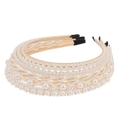  6PCS White Pearl Headbands for Women Jeweled Head Bands Beaded Hairbands  - Image 1 of 4