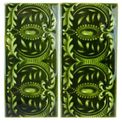 Par 2 Hermosas Azulejos Cerámica Esmaltada Verde Inglaterra 6 x 3" Foto 1 de 4