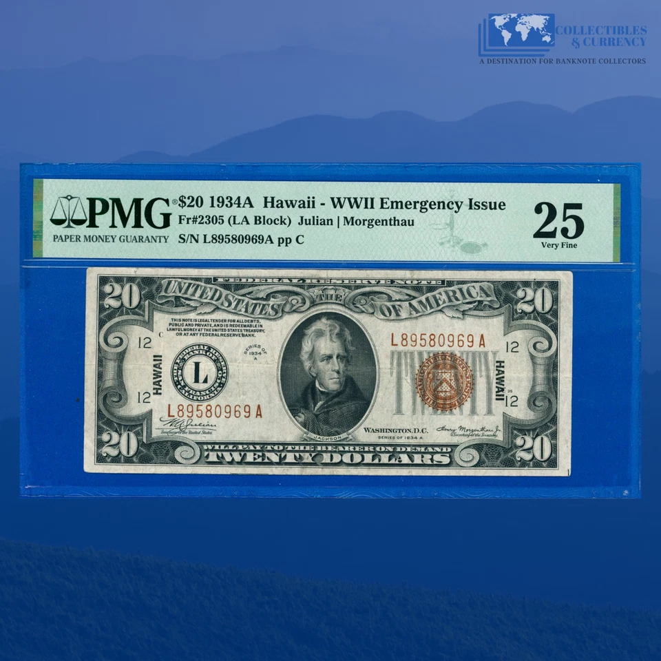 Fr.2305 1934A $20 FRN Brown Seal "HAWAII" Emergency Issue WWII, PMG VF 25 #80969 - Image 1 of 3