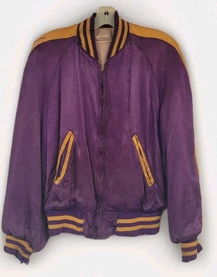 VINTAGE SATIN JACKET LOWE & CAMPBELL 1951 SUKAJAN STYLE LETTERMAN PURPLE YELLOW - Image 1 of 4