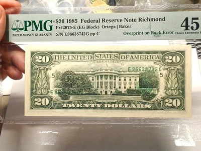 1985 $20 Federal Reserve Note PMG 45 – Major Overprint on Back Error – Richmond  - Image 1 of 4