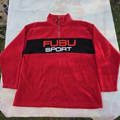 Pulôver masculino vintage anos 90 Fubu Sports 1/4 zíper lã grande soletrado ajuste folgado - Imagem 1 de 4