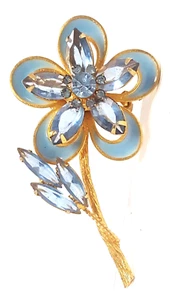 Vintage Blue Glass Rhinestone Enamel Flower Brooch Marquise Round Gold Tone Pin - Picture 1 of 21