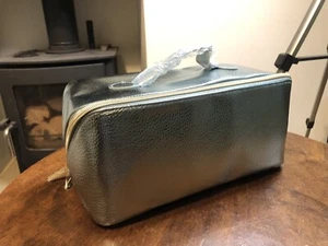 Clarins Large Toiletry/Make Up/ Vanity Bag In Metallic Light Blue With Gold Zip - Picture 1 of 11