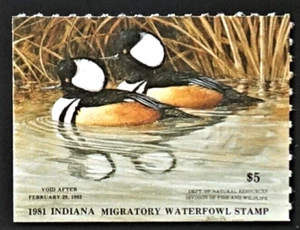 Francobollo Indiana Duck 1981, IN6, Mergansers con cappuccio di Rod Crossman, $ sotto la faccia $$ - Foto 1 di 2