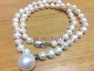 Real Natural 7-8mm White Pearl & 12mm White Shell Pearl Pendant Necklace 18'' - Picture 1 of 6