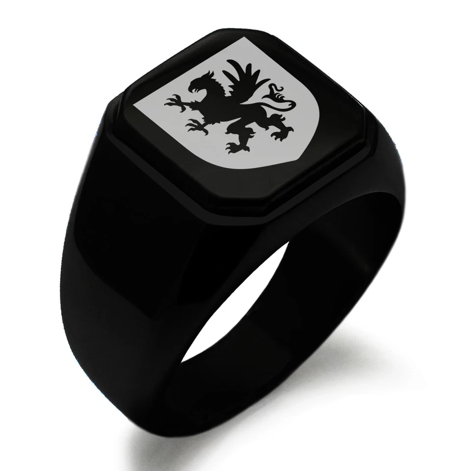 Stainless Steel Valor Coat of Arms Shield Mens Square Biker Style Signet Ring - Image 1 of 1