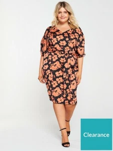 V by Very Curve Midi Dress Floral Print Coral Black Size Uk 16 Womens - Picture 1 of 8