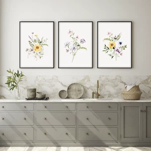 3er Set Sommerfeld Wildblumen Drucke Lila, Grün & Gelb Blumen Wandbilder - Bild 1 von 7