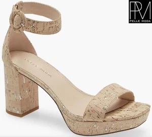 PELLE MODA NIB AMARI WHITE WASHED CORK LEATHER PLATFORM BLOCK HEEL SANDAL. SZ 9M - Picture 1 of 10